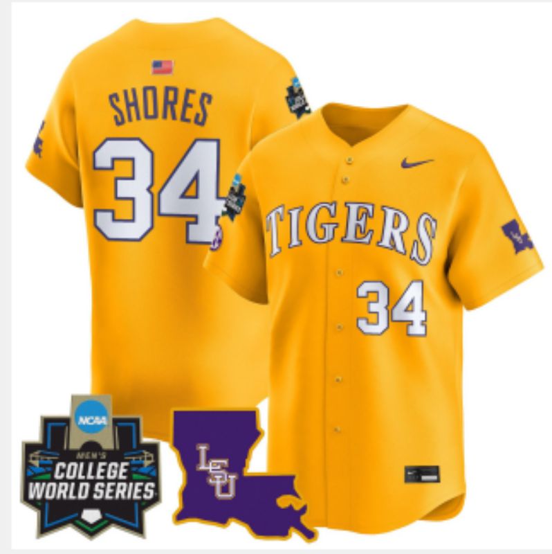 Men 2025 LSU Tigers 34 Shores Yellow Nike Joint Name Nike NCAA Jersey style 8
